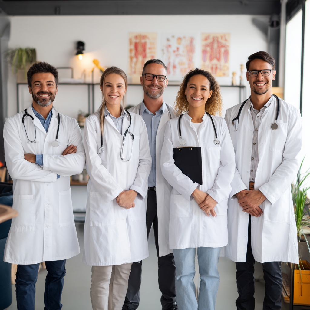 Команда спеціалістів drastivel - молоді та досвідчені фахівці в білих халатах посміхаються в сучасному медичному кабінеті